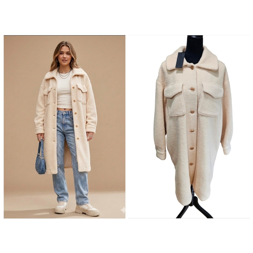 Gianni Bini Sherpa Shacket Womens Medium Cream New Longline Teddy Coat Jacket